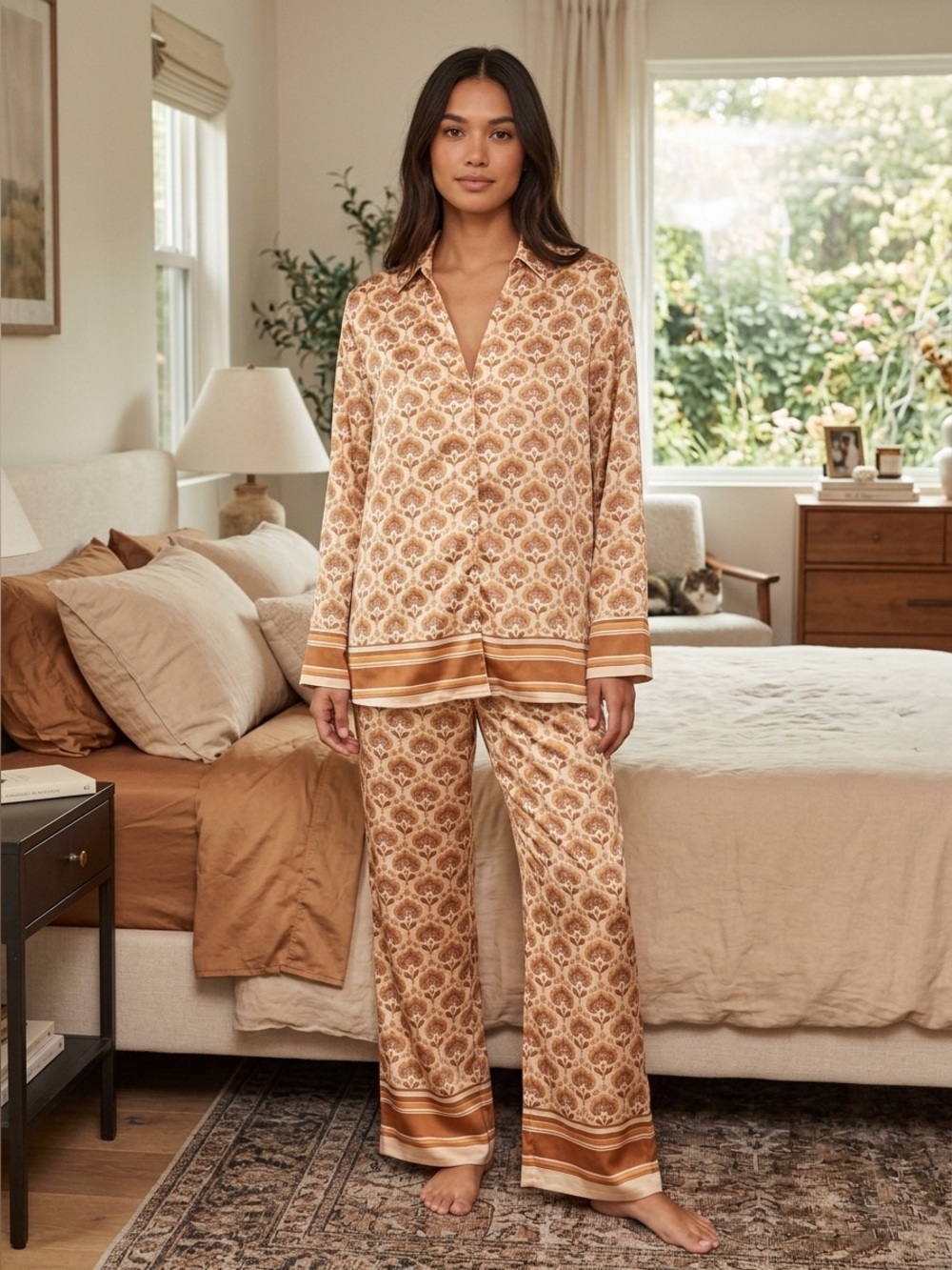 Show Me Your MuMu, Honey Wallflower Silky, Size XS, Beige & Bronze Patterned Set